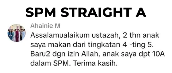 Testimoni Ahainie M: anak amalkan Raudhah IQ dua tahun, dari tingkatan 4 hingga 5, dan dapat 10A dalam SPM.